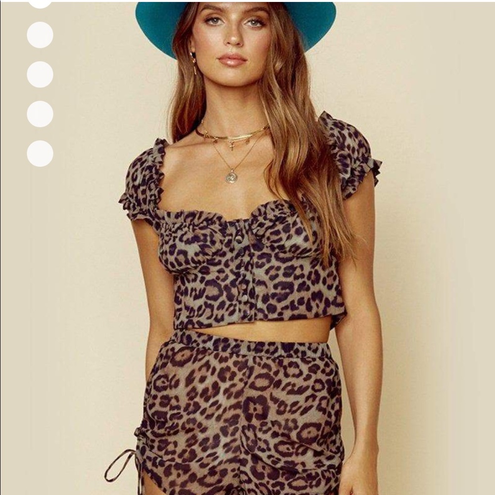 Leopard print bustier top and ruched shorts
